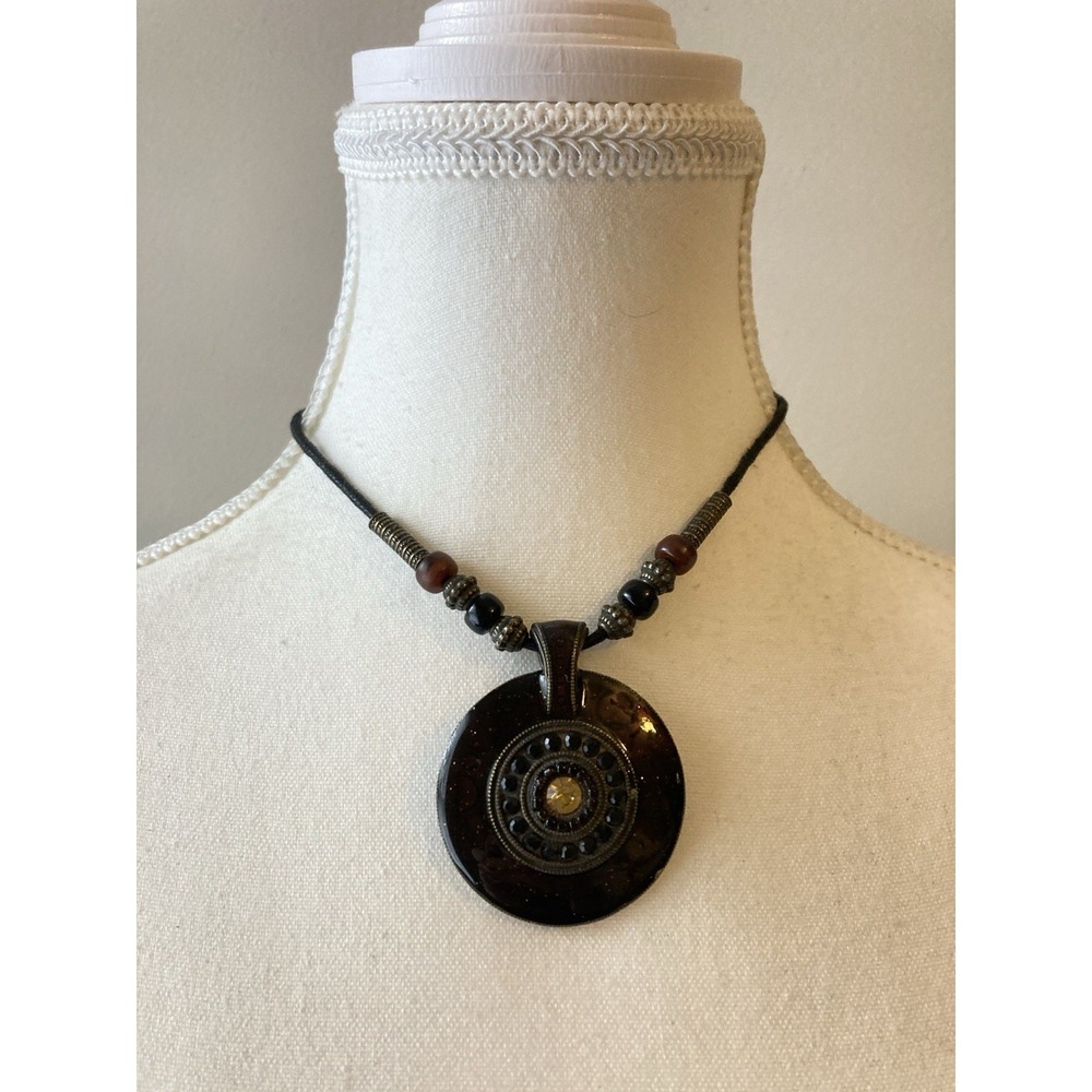 Boho Brown Pendant Collar Necklace Cord Medallion Statement Tribal Style Round‎
